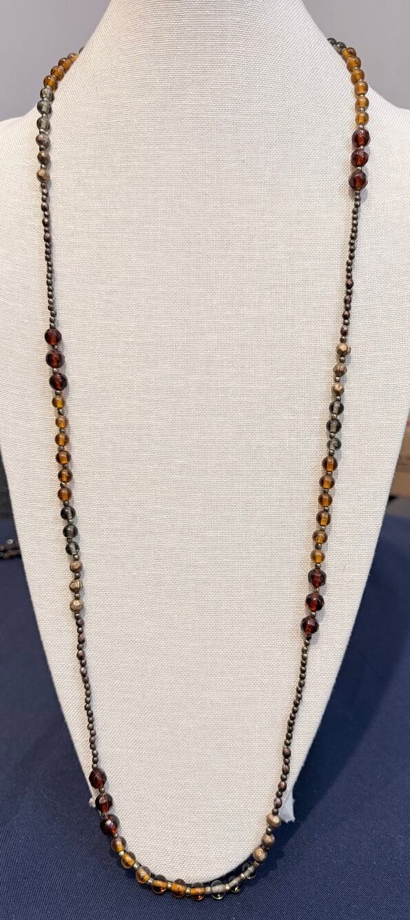 Vintage Long Amber Tone Glass Bead Necklace 40”
